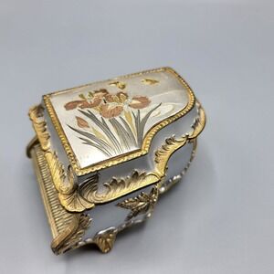 Vintage Evergreen Piano Music Jewelry Box Gold & White Floral Design Japan